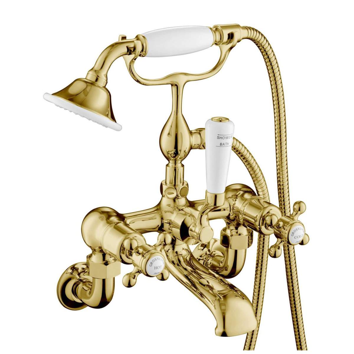 JTP Grosvenor Cross Antique Brass Edition Bath Wall Mounted Shower Mixer with Kit (76275WMG)