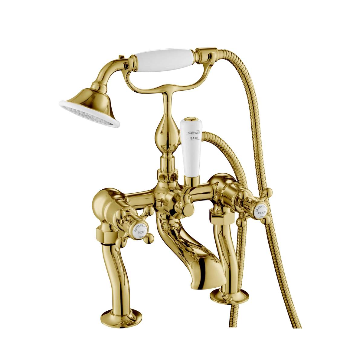 JTP Grosvenor Cross Antique Brass Edition Deck Mounted Bath Shower Mixer with Kit (76275G)